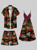 Plus Size Tropical Leaf Hibiscus Flower Print Hawaii Drawstring Pocket Beach Shorts For Men -  