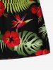 Plus Size Tropical Leaf Hibiscus Flower Print Hawaii Drawstring Pocket Beach Shorts For Men -  