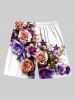 Plus Size Rose Flower Leaf Print Hawaii Drawstring Pocket Beach Shorts For Men -  