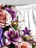 Plus Size Rose Flower Leaf Print Hawaii Drawstring Pocket Beach Shorts For Men -  