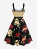 Plus Size Skull Rose Flower Heart Print Halloween Costume Button A Line Dress with Removable Belt -  
