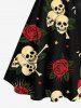 Plus Size Skull Rose Flower Heart Print Halloween Costume Button A Line Dress with Removable Belt -  