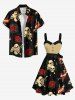 Plus Size Skull Rose Flower Heart Print Halloween Costume Button A Line Dress with Removable Belt -  