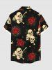 Plus Size Skull Rose Flower Heart Print Halloween Button Pocket Shirt For Men -  