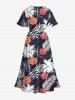 Robe mi-longue trapèze grande taille à imprimé feuilles tropicales, cocotiers, fleurs d'hibiscus, style hawaïen, poches fendues - Bleu 6X