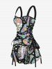 Colorful Ombre Skull Skeleton Bone Galaxy Print Halloween Costume Lace Up A Line Dress -  