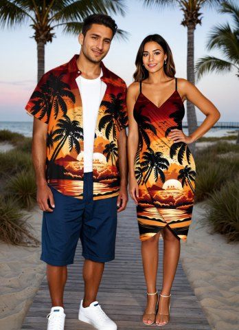 Coconut Tree Sun Seascape Print Plus Size Matching Hawaii Beach Outfit For Couples - DARK ORANGE