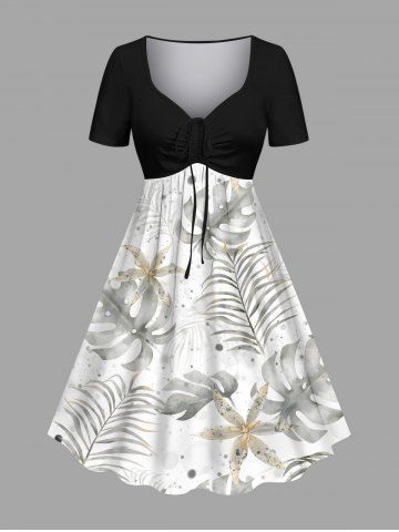 Plus Size Tropical Leaf Flowers Print Cinched Hawaii Dress - WHITE - 4X