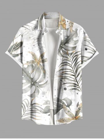 Plus Size Tropical Leaf Flowers Print Buttons Pocket Hawaii Shirt For Men - WHITE - L