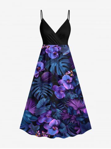 Plus Size Phalaenopsis Flowers Tropical Leaf Print Surplice Hawaii Cami Dress - BLACK - XXS