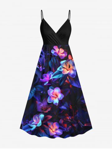Plus Size Flowers Leaf Neon Print Surplice Hawaii Cami Dress - BLACK - XXS