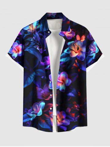 Plus Size Flowers Leaf Neon Print Buttons Pocket Hawaii Shirt For Men