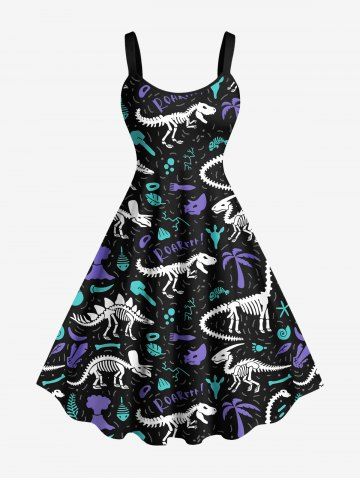 Plus Size Halloween Costume Coconut Tree Leaf Fish Dinosaur Skeleton Print Hawaii Tank Dress
