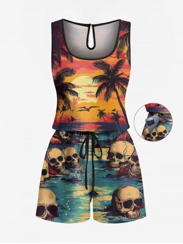 Plus Size Halloween Costume Coconut Tree Skulls Sun Seascape Print Cinched Hawaii Romper - ORANGE - XS