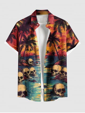 Plus Size Halloween Costume Coconut Tree Skulls Sun Seascape Print Buttons Pocket Hawaii Shirt For Men - ORANGE - 4XL