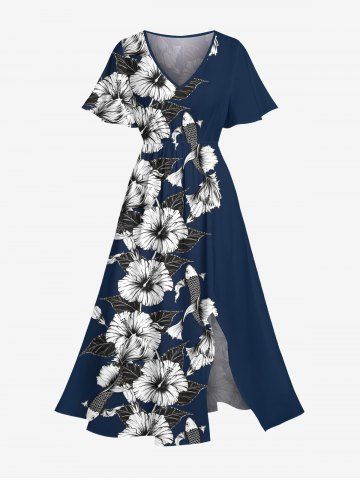 Plus Size Hibiscus Flowers Leaf Fish Tropical Print Split Hawaii Midi Dress - DEEP BLUE - XXS