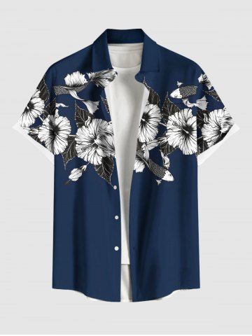 Plus Size Hibiscus Flowers Leaf Fish Tropical Print Buttons Pocket Hawaii Shirt For Men