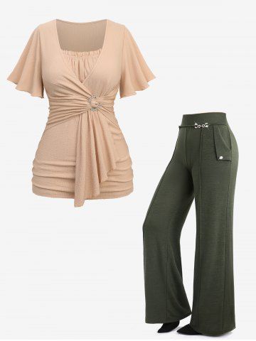 Daisy Buckle Surplice Ruched Top and Wide Leg Pants Plus Size Outfit - CHAMPAGNE