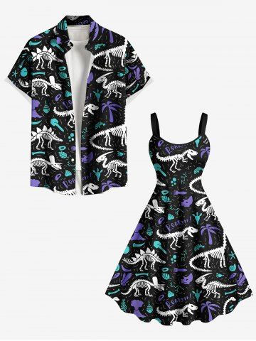 Halloween Costume Coconut Tree Leaf Fish Dinosaur Skeleton Print Plus Size Matching Hawaii Beach Outfit For Couples