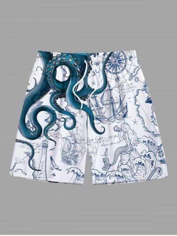 Plus Size Octopus Mermaid Ship Rudder Sea Waves Cruise Print Hawaii Beach Shorts For Men - WHITE - 7XL