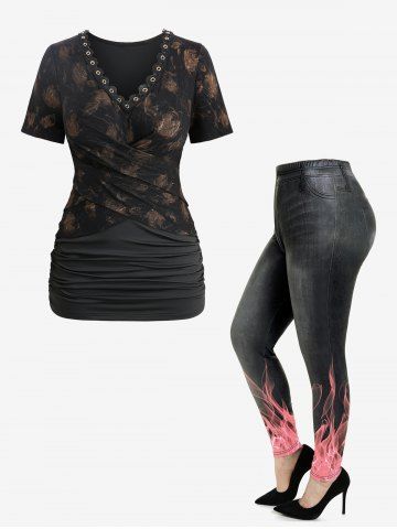 Tie Dye Flower Print Crossover Ruched Top and 3D Jeans Flame Graphic Leggings Plus Size Outfit