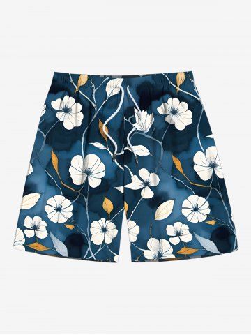Plus Size Flower Leaf Branch Ombre Print Hawaii Drawstring Pocket Beach Shorts For Men - DEEP BLUE - 7XL