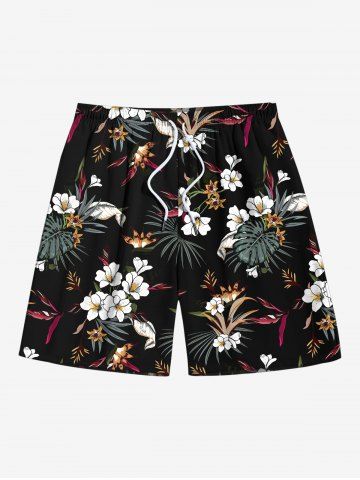Plus Size Tropical Leaf Hibiscus Flower Print Hawaii Drawstring Beach Shorts For Men - BLACK - 7XL