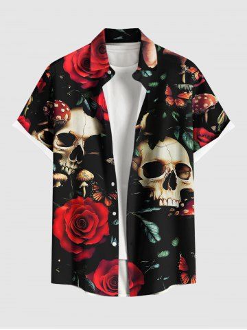 Plus Size Skull Rose Flower Leaf Butterfly Mushroom Print Halloween Button Pocket Shirt For Men - BLACK - 3XL