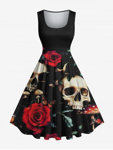 Robe trapèze vintage des années 1950, grande taille, motif tête de mort, rose, fleur, feuille, papillon, champignon, imprimé Halloween