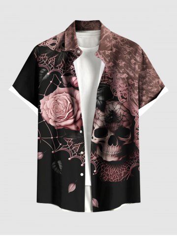 Plus Size Halloween Costume Skulls Rose Flowers Spider Web  Print Buttons Pocket Shirt For Men - BLACK - 3XL