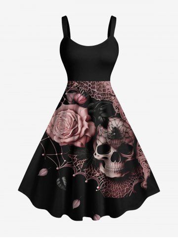 Plus Size Halloween Costume Skulls Rose Flowers Spider Web Print Tank Dress - BLACK - 1X