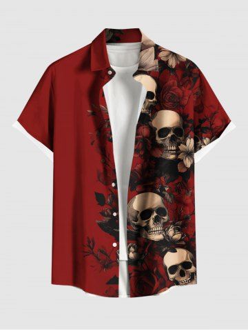 Plus Size Skull Flower Leaf Print Halloween Button Pocket Shirt For Men - RED - 2XL