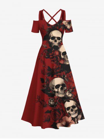 Plus Size Skull Flower Leaf Print Halloween Costume Cold Shoulder Crisscross A Line Maxi Dress - RED - 1X