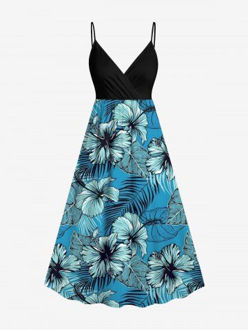 Plus Size Tropical Leaf Hibiscus Flower Print Hawaii Surplice A Line Cami Dress - BLUE - 2X