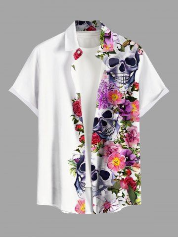 Plus Size Colorful Flower Skull Print Hawaii Button Pocket Shirt For Men