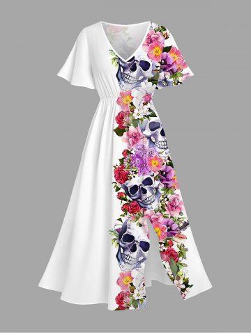 Plus Size Colorful Flower Skull Print Hawaii Split Pocket A Line Midi Dress - WHITE - S