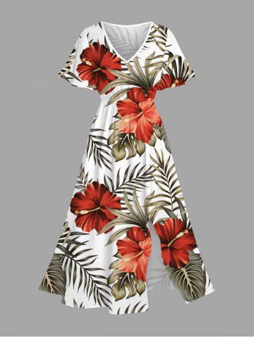 Plus Size Tropical Leaf Hibiscus Flower Print Hawaii Split Pocket A Line Midi Dress - WHITE - XXS