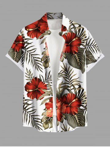 Plus Size Tropical Leaf Hibiscus Flower Print Hawaii Button Pocket Shirt For Men - WHITE - 5XL