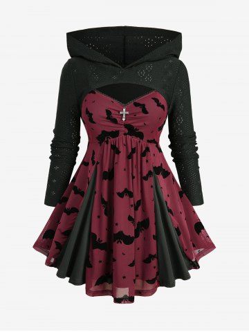 Plus Size Bat Moon Star Flocking Patchwork Cross Pointelle Hollow Out Jacquard 2 in 1 Long Sleeves Hooded Halloween Top - DEEP RED - 4X | US 26-28