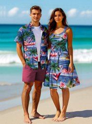 Tenue de plage hawaïenne assortie grande taille à imprimé cocotier, flamant rose et fleurs de mer pour couples - Bleu 