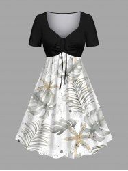 Plus Size Tropical Leaf Flowers Print Cinched Hawaii Dress -  