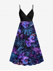 Robe camisole hawaïenne grande taille à imprimé feuilles tropicales et fleurs de phalaenopsis - Noir 6X