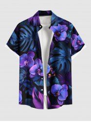 Plus Size Phalaenopsis Flowers Tropical Leaf Print Buttons Pocket Hawaii Shirt For Men -  