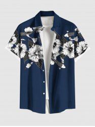 Plus Size Hibiscus Flowers Leaf Fish Tropical Print Buttons Pocket Hawaii Shirt For Men - Bleu profond 3XL