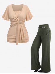 Daisy Buckle Surplice Ruched Top and Wide Leg Pants Plus Size Outfit -  