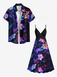 Flowers Leaf Neon Print Plus Size Matching Hawaii Beach Outfit For Couples -  