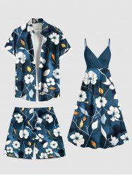 Tenue de plage hawaïenne assortie grande taille à imprimé ombré de fleurs et de feuilles d'hibiscus pour couples - Vert profond 