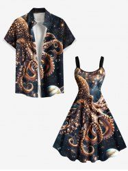 Tenue de plage hawaïenne assortie grande taille à imprimé poulpe, planète et galaxie, pour couples - Bleu profond 