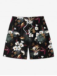 Short de plage hawaïen grande taille à imprimé feuilles tropicales et fleurs d'hibiscus, avec cordon de serrage, pour homme - Noir L