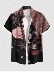 Chemise à boutons et poches pour homme, grande taille, motif tête de mort, roses, fleurs, toile d'araignée - Noir L
